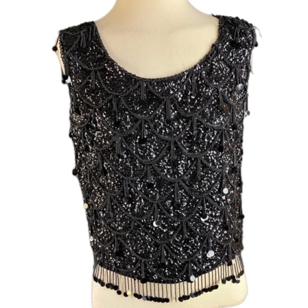 M HEAVY Black Sequin and beaded Vintage Top 1960 MCM Boxy VERY detailed LOVELY